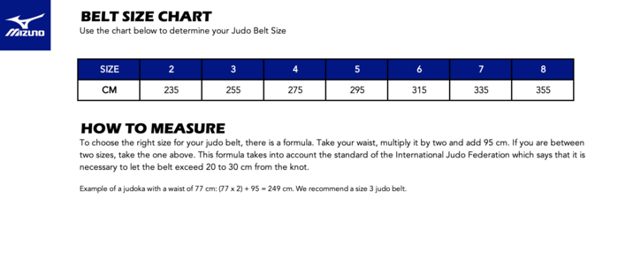 Mizuno Judo Blue Belt size chart