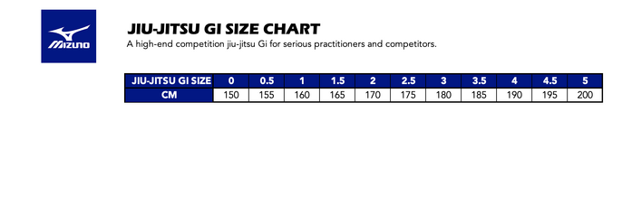 Mizuno Jiu-Jitsu Gi - Size Chart
